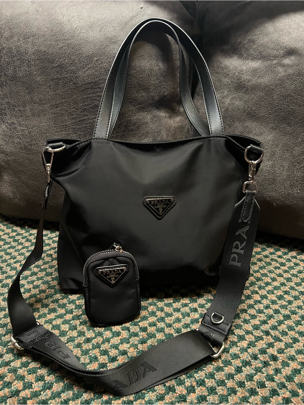 Black Nylon Tote with Detachable Logo Strap and Pouch